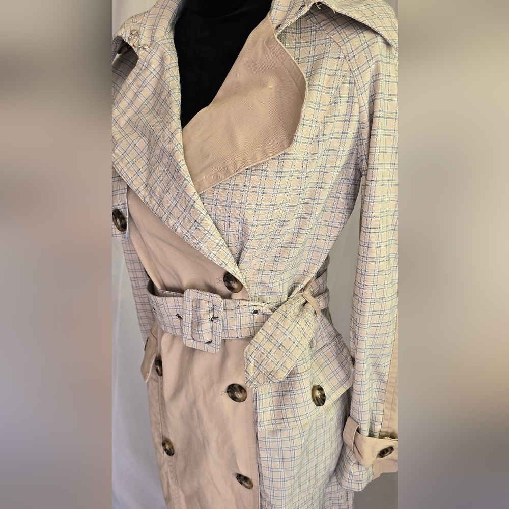 Avec Les Filles women XS color block raglan trench coat mixed media belted plaid - Picture 9 of 12